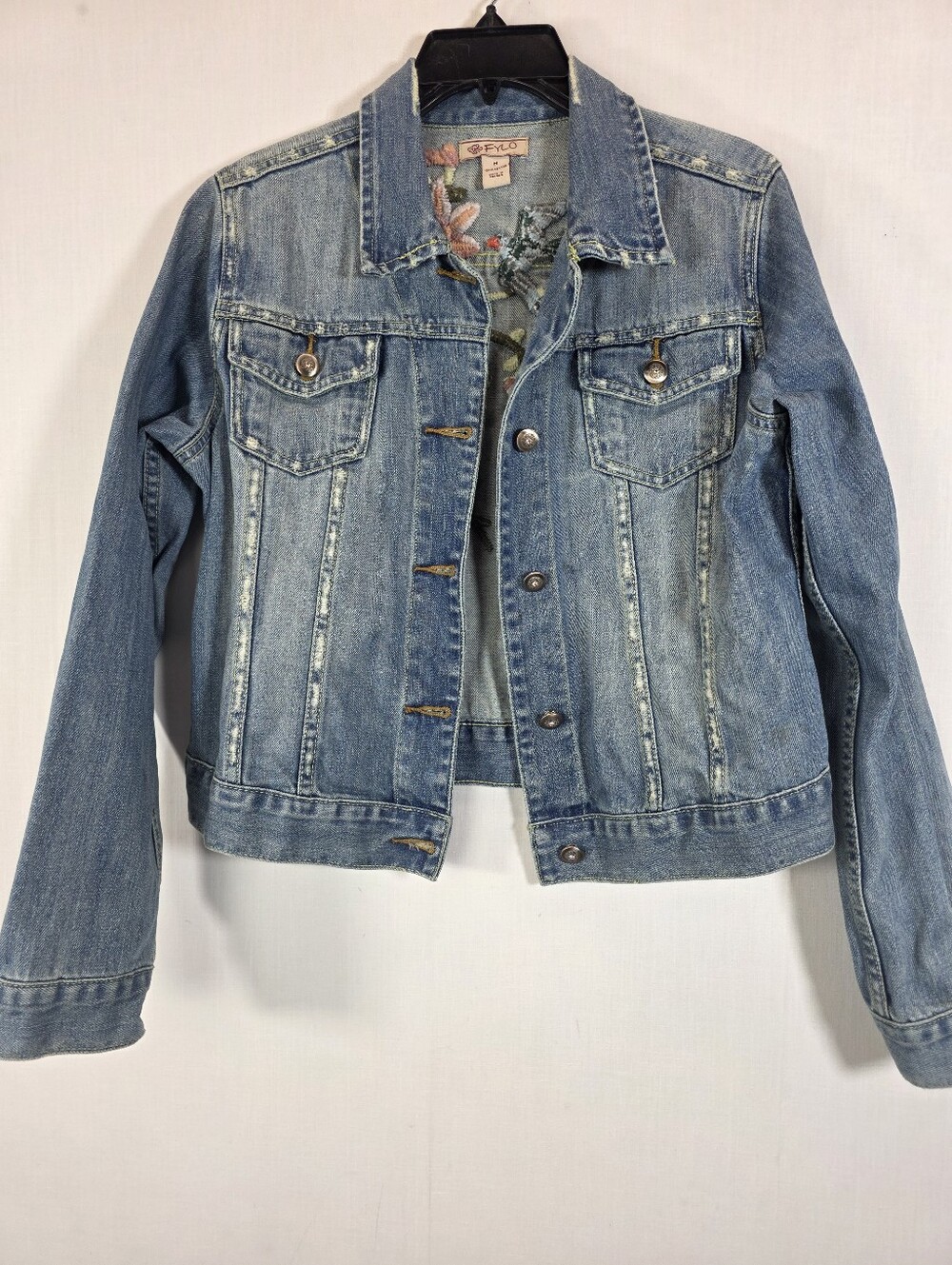 FYLO Floral Bird Embroidered Denim Jacket Medium Distressed